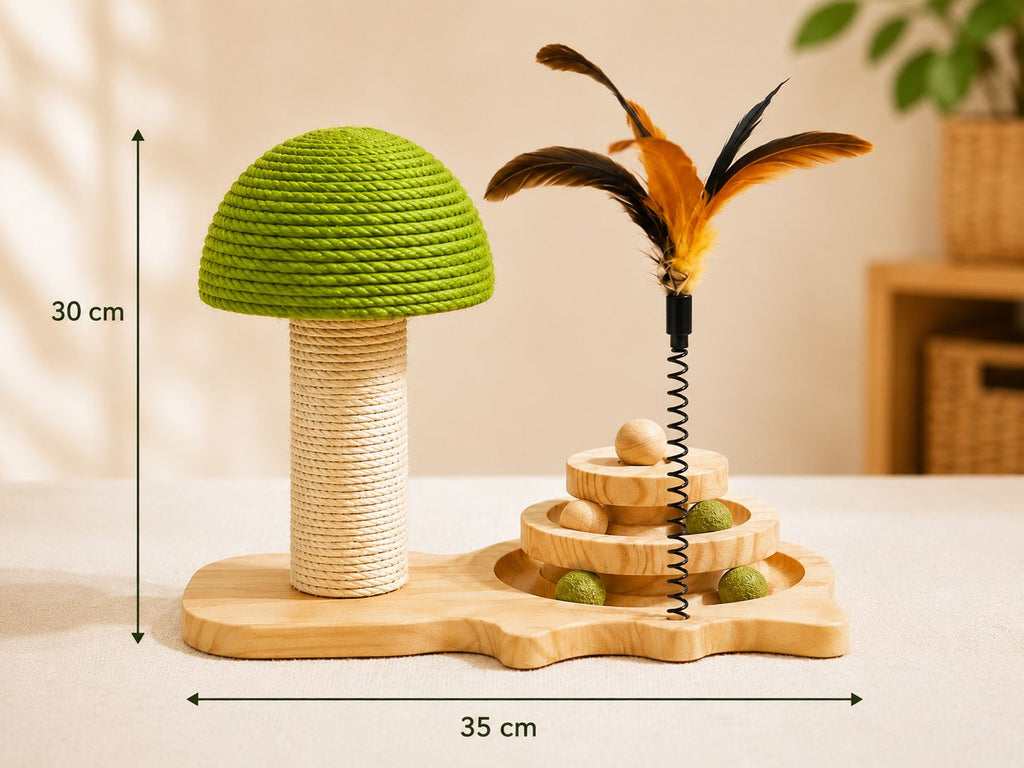 PawFlow 3-in-1 Katzen-Spielstation mit Sisal-Kratzbaum, Holzspielbahn & Federwedel – Spielen, Kratzen & Entdecken