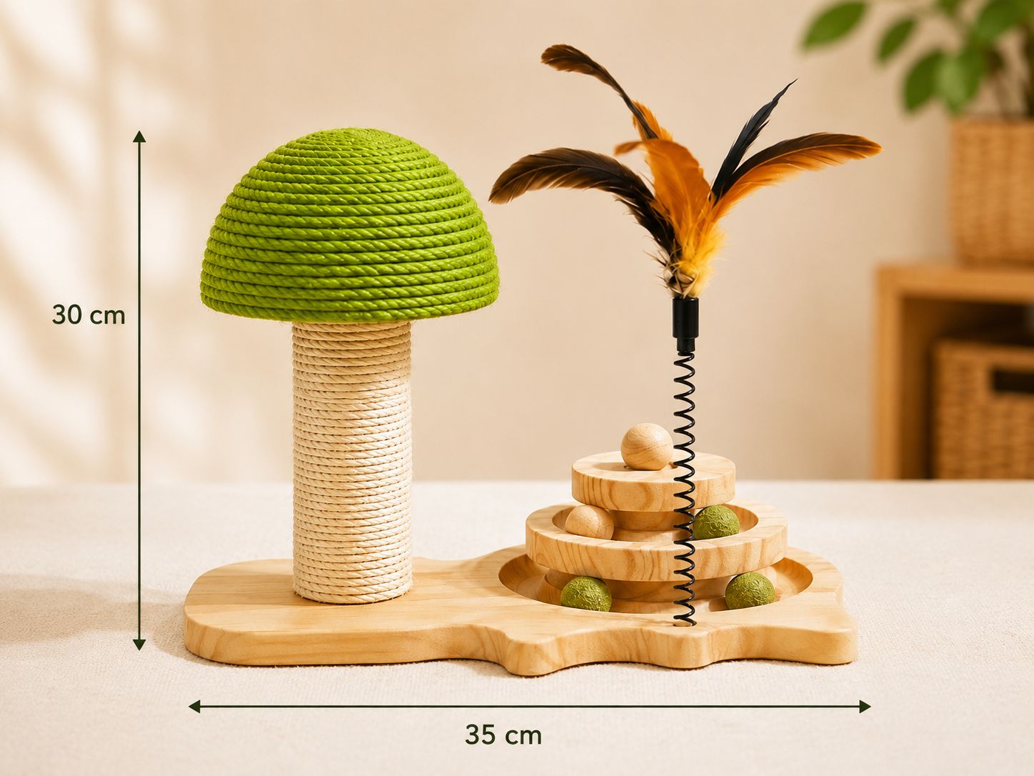 PawFlow 3-in-1 Katzen-Spielstation mit Sisal-Kratzbaum, Holzspielbahn & Federwedel – Spielen, Kratzen & Entdecken
