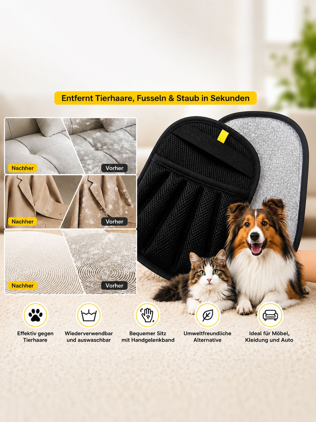 PawFlow Tierhaarentfernungs-Handschuh – Wiederverwendbar für Hunde, Katzen, Möbel, Teppiche & Kleidung