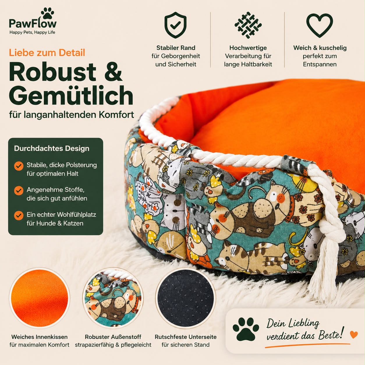 PawFlow Premium Hundebett – Waschbar & extra weich