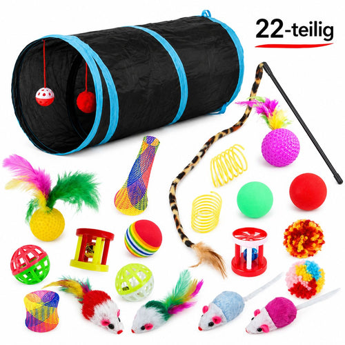 PawFlow 22-teiliges Katzen-Spielset mit Spieltunnel & Zubehör