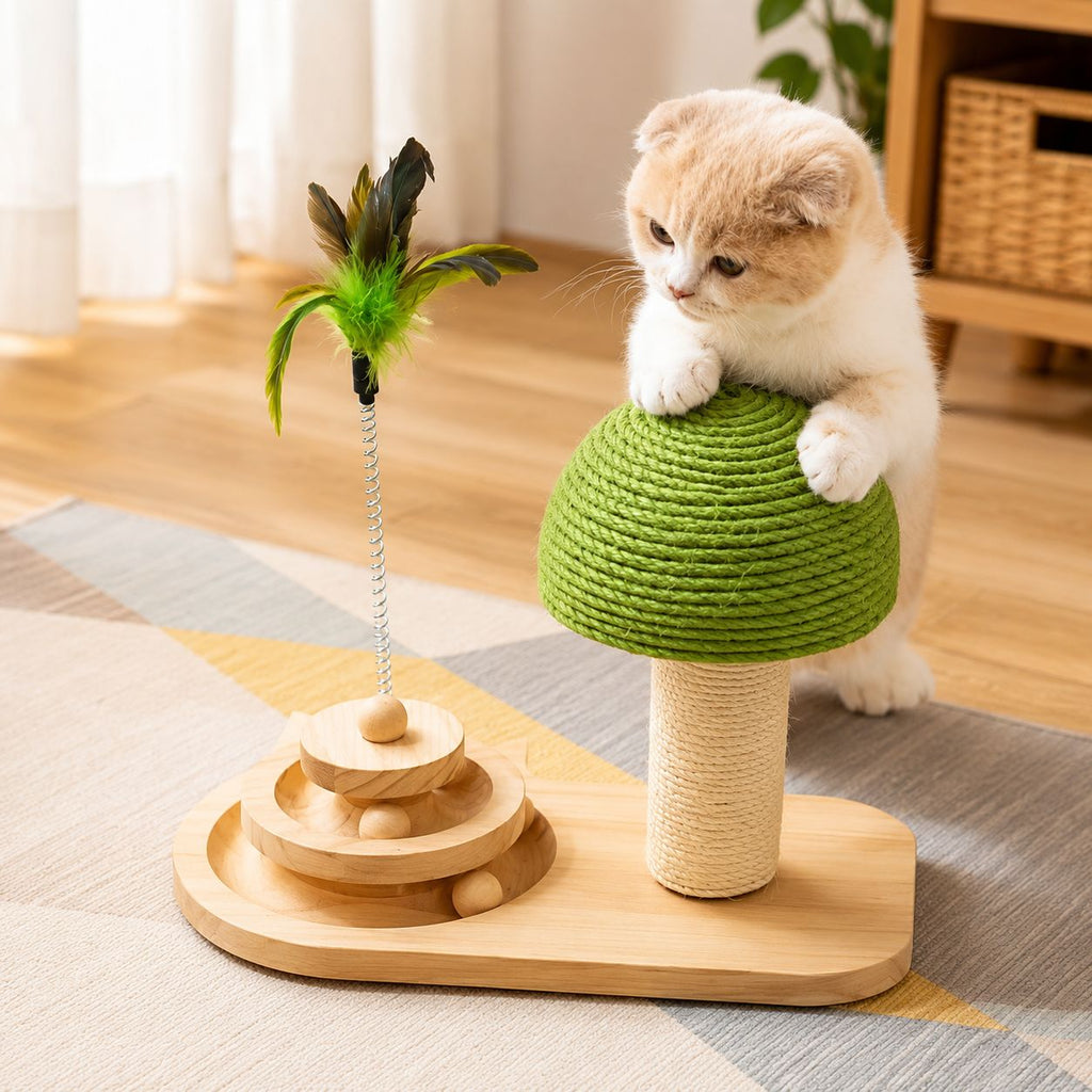 PawFlow 3-in-1 Katzen-Spielstation mit Sisal-Kratzbaum, Holzspielbahn & Federwedel – Spielen, Kratzen & Entdecken