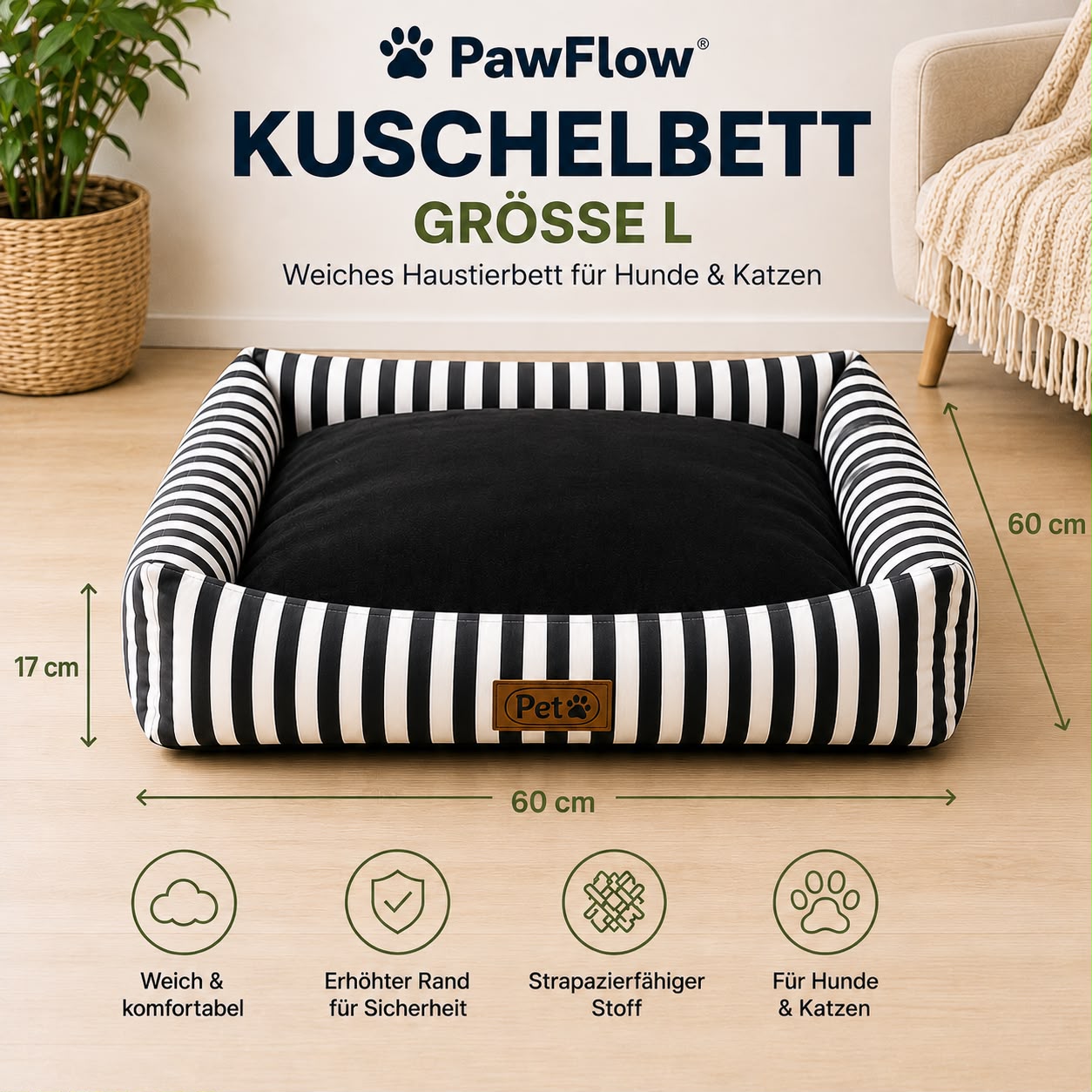 PawFlow Kuschelbett für Hunde & Katzen – Weiches Haustierbett mit erhöhtem Rand