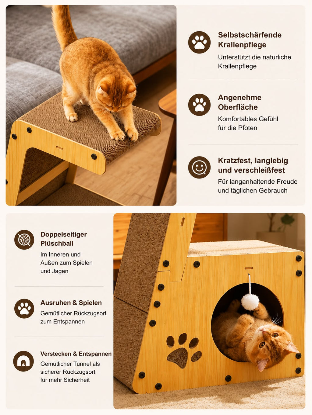 PawFlow 5-in-1 Katzen-Kratzmöbel mit Liegefläche, Tunnel und Kratzpappe