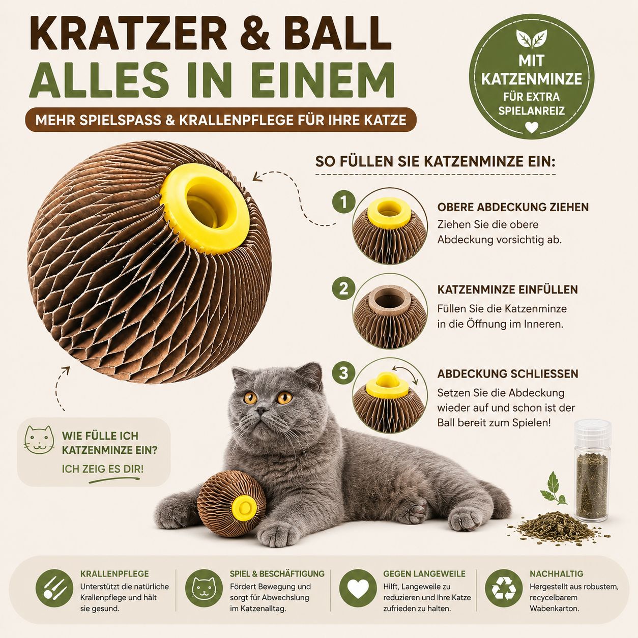 PawFlow Katzenminze-Kratzball für Katzen – Spielen, Krallenpflege & Beschäftigung