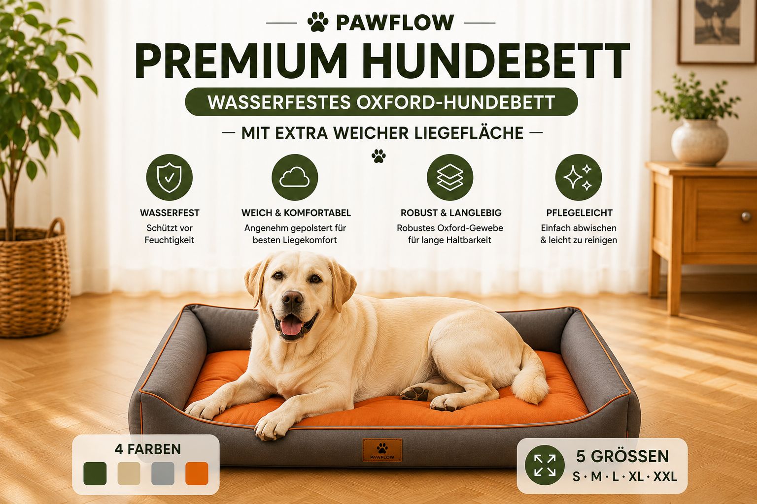 PawFlow Premium Hundebett – Wasserfestes Oxford-Hundebett mit weicher Liegefläche