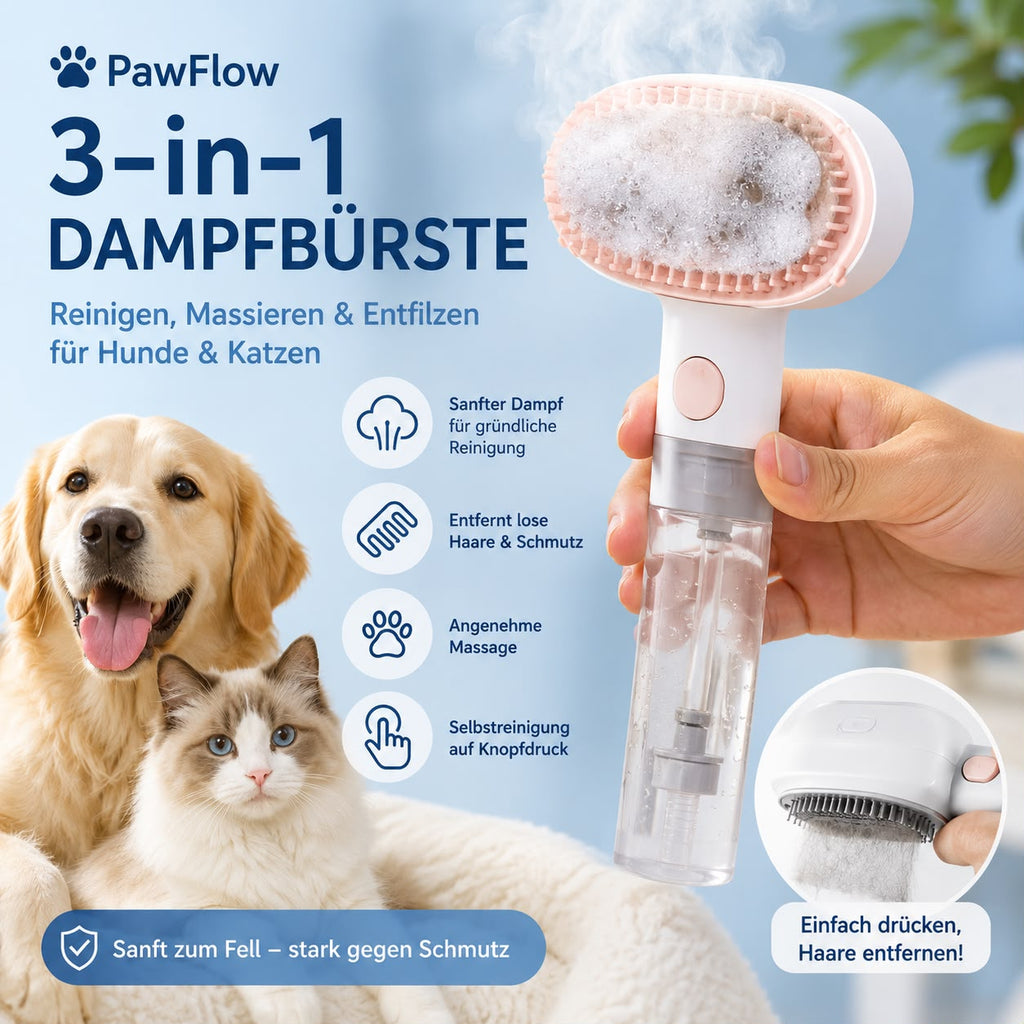 PawFlow 3-in-1 Dampfbürste für Hunde & Katzen – Reinigen, Massieren & Entfilzen