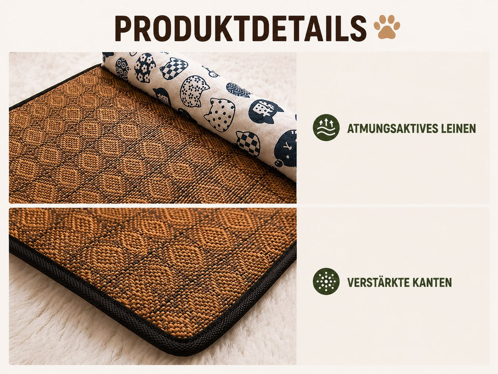 PawFlow Rattan-Kühlmatte mit Nackenrolle für Hunde & Katzen – Natürlich kühl & atmungsaktiv