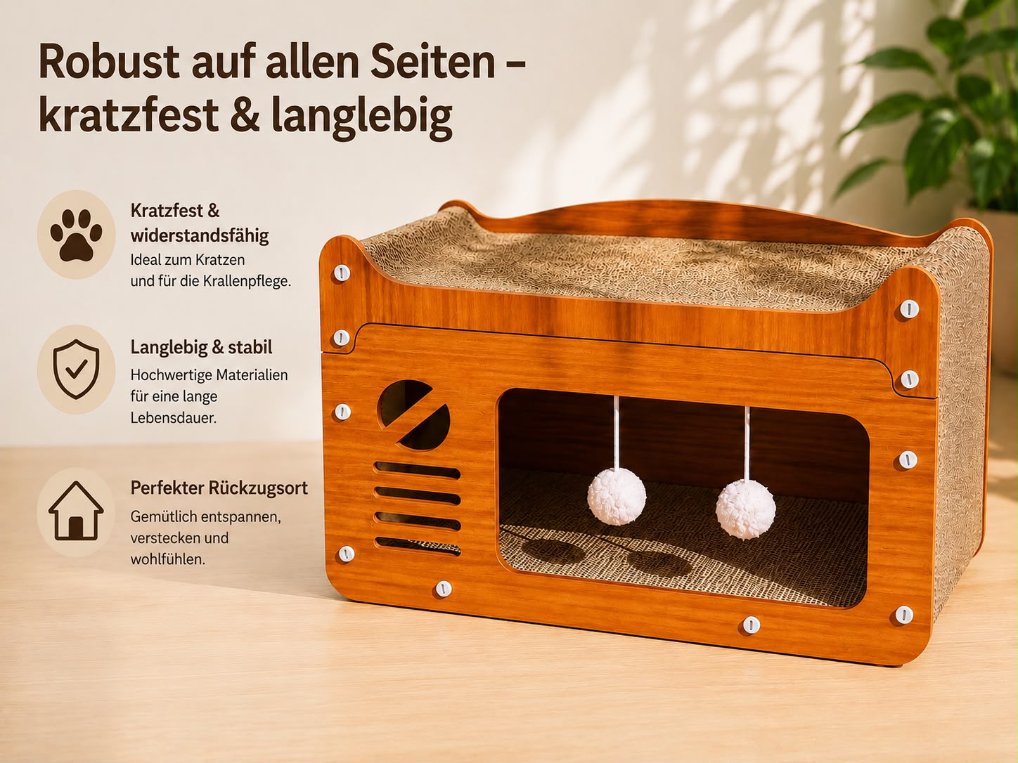 PawFlow Retro-Katzenhöhle mit Kratzfläche & Spielbällen