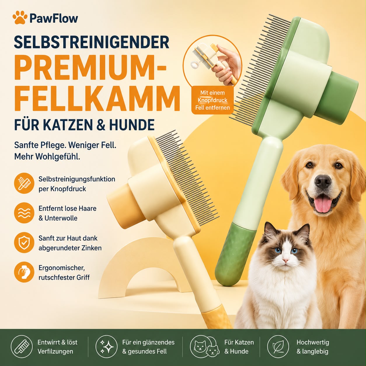 PawFlow Selbstreinigender Premium-Fellkamm für Hunde & Katzen