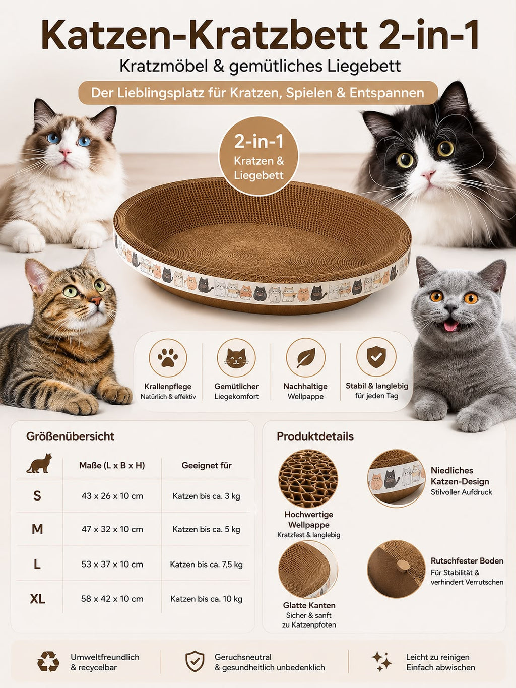 PawFlow Premium Katzen-Kratzbett 2-in-1 – Kratzliege aus Wellpappe
