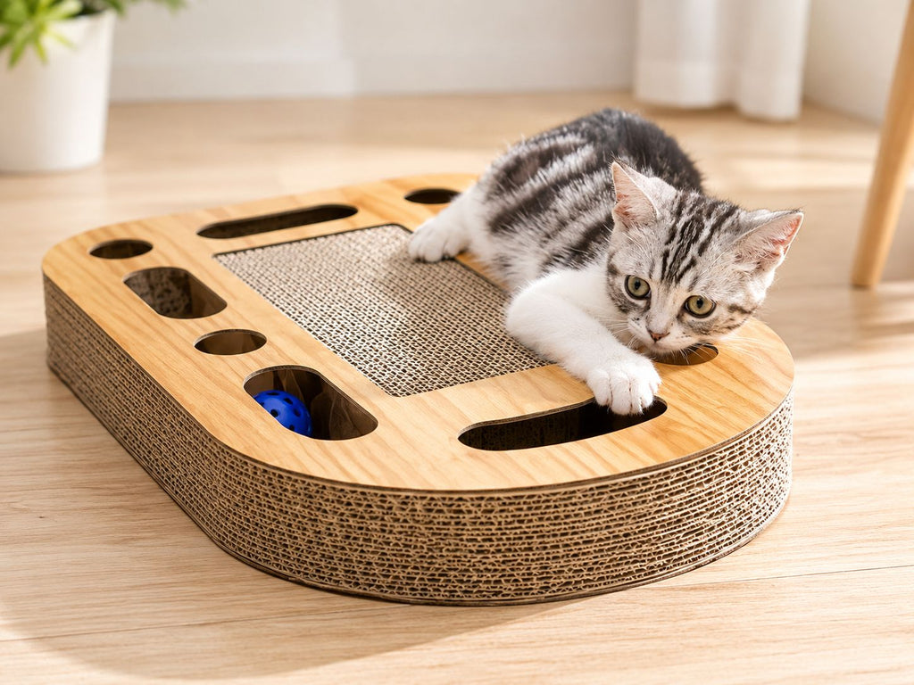 PawFlow Katzen-Kratzbrett mit Spielbällen – Interaktive Kratzwand für Katzen