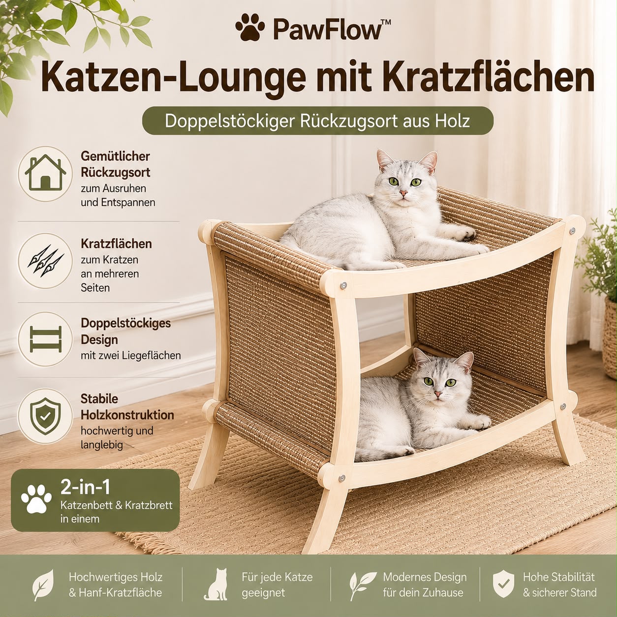 PawFlow Katzen-Lounge mit Kratzflächen – Doppelstöckiger Rückzugsort aus Holz