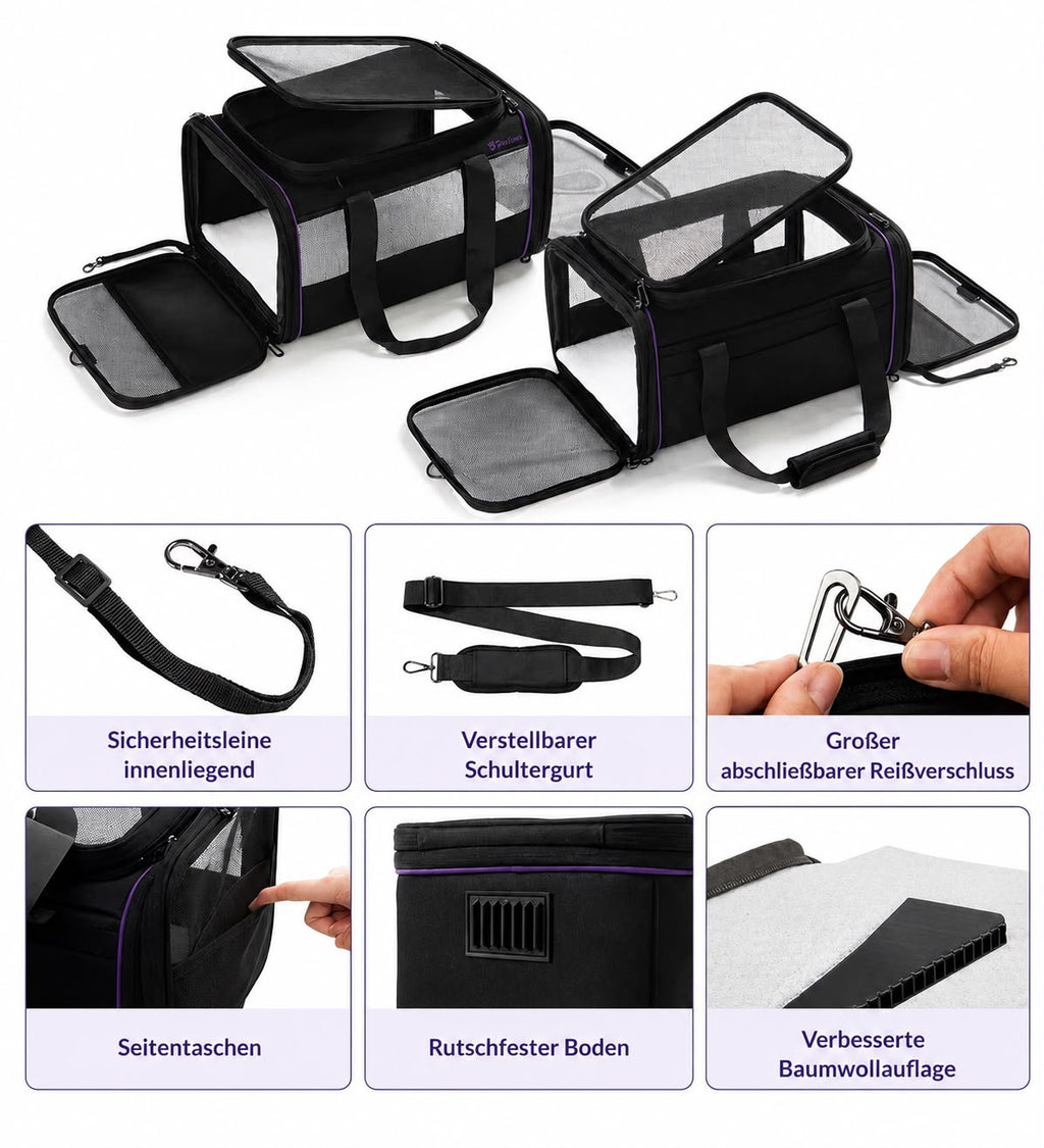 PawFlow Premium Reise-Transporttasche – Erweiterbare Haustiertasche für Hunde & Katzen