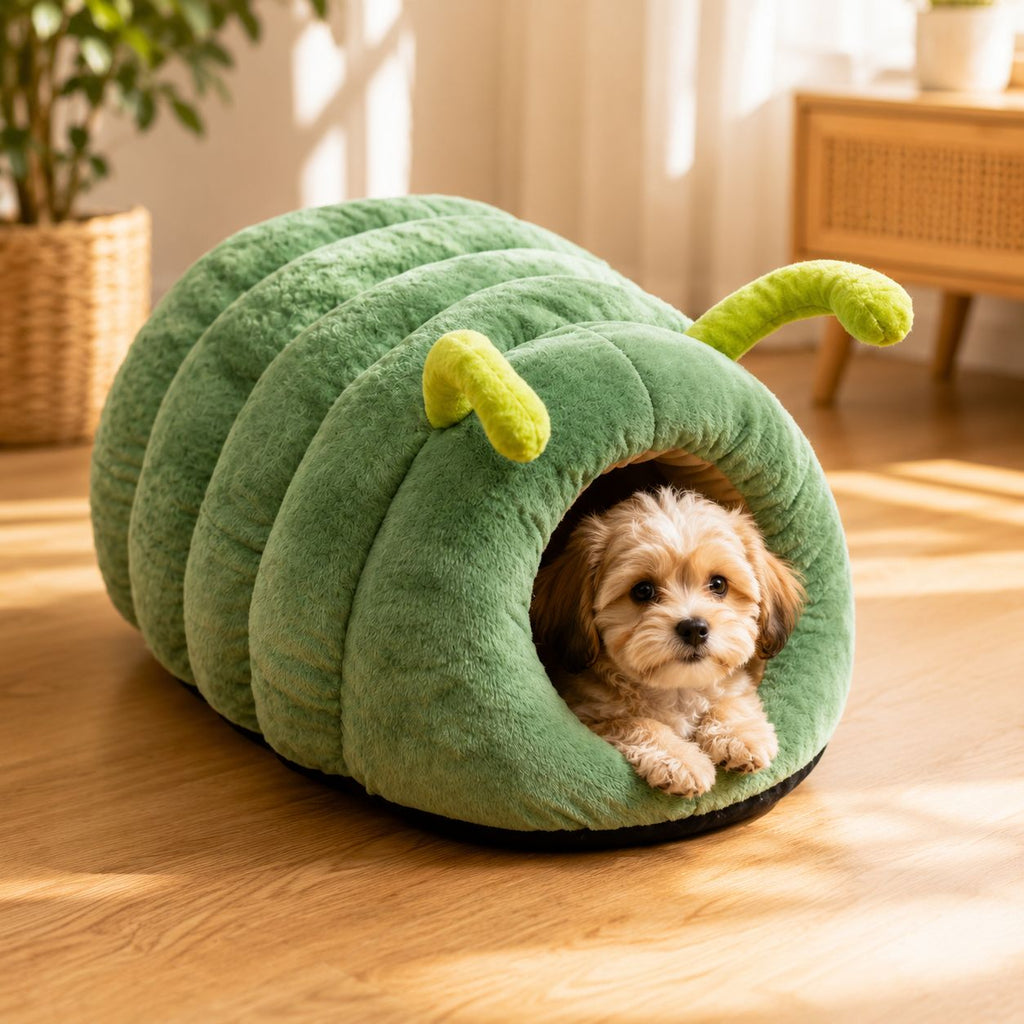 PawFlow Raupen-Kuschelhöhle für Katzen & kleine Hunde – Weiches Plüschbett mit Höhlendesign