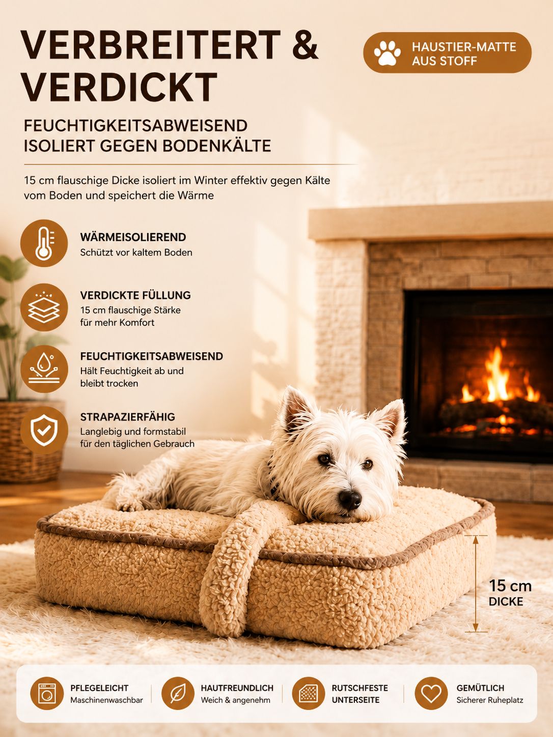 PawFlow Kuschelbett für Hunde & Katzen aus Plüsch mit Knochenkissen – Waschbar & besonders weich