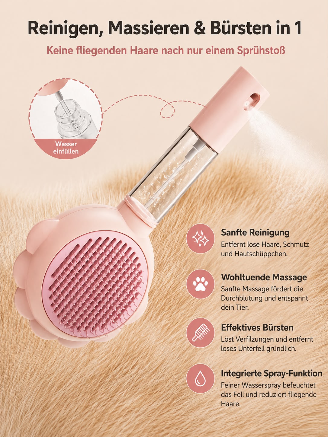 PawFlow™ 2-in-1 Fellpflegebürste mit Spray für Hunde & Katzen