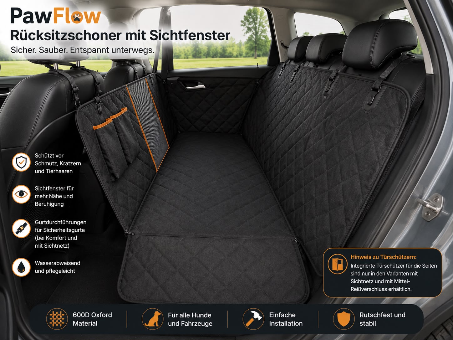 PawFlow Premium Hunde-Sitzschutz für die Rückbank