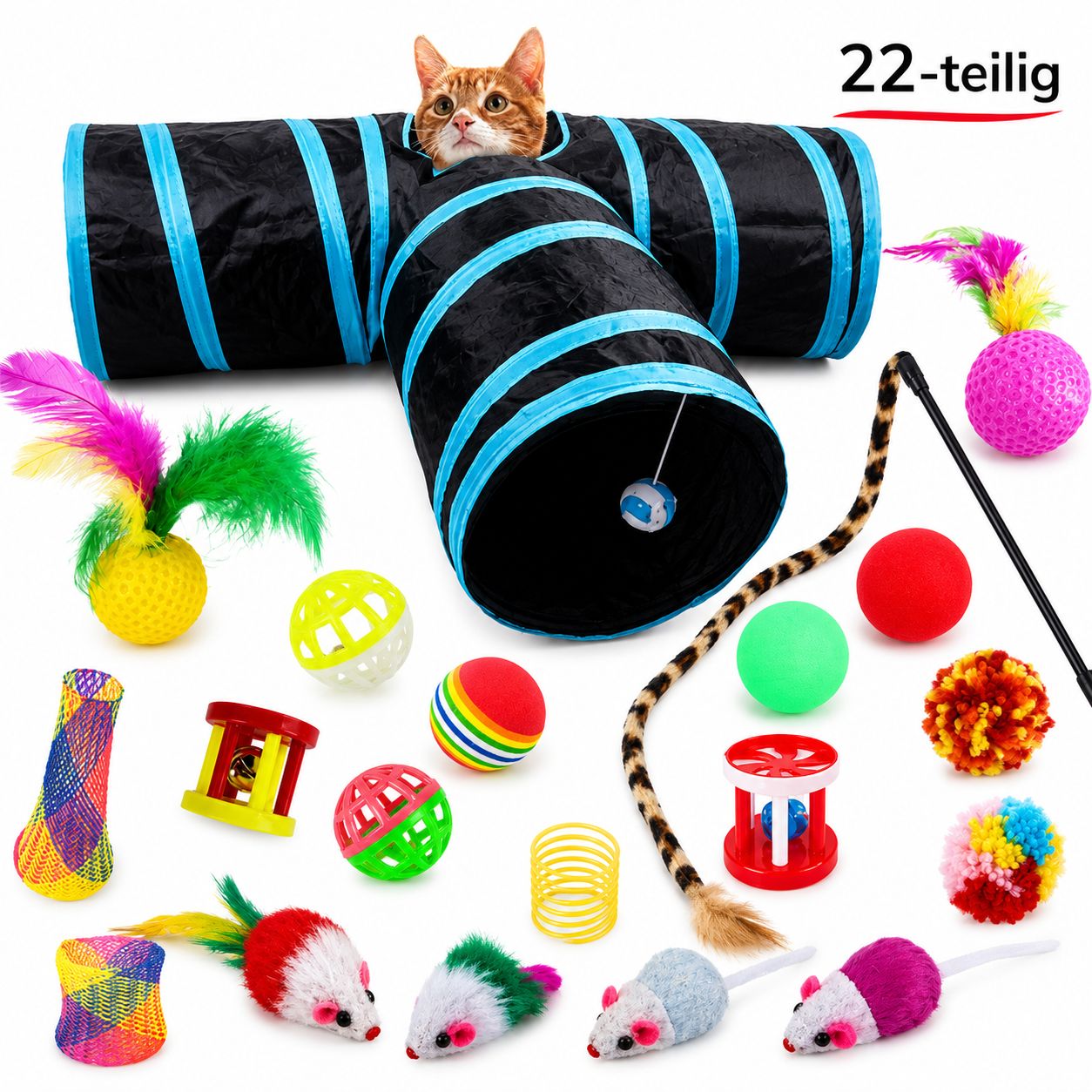 PawFlow 22-teiliges Katzen-Spielset mit Spieltunnel & Zubehör