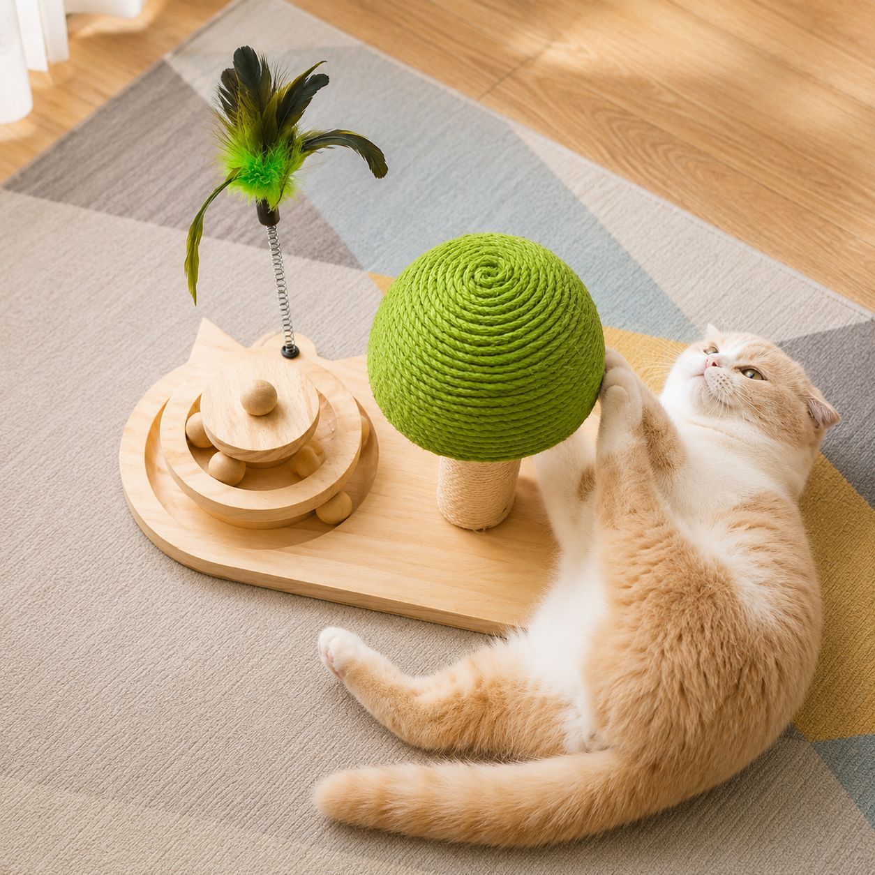 PawFlow 3-in-1 Katzen-Spielstation mit Sisal-Kratzbaum, Holzspielbahn & Federwedel – Spielen, Kratzen & Entdecken