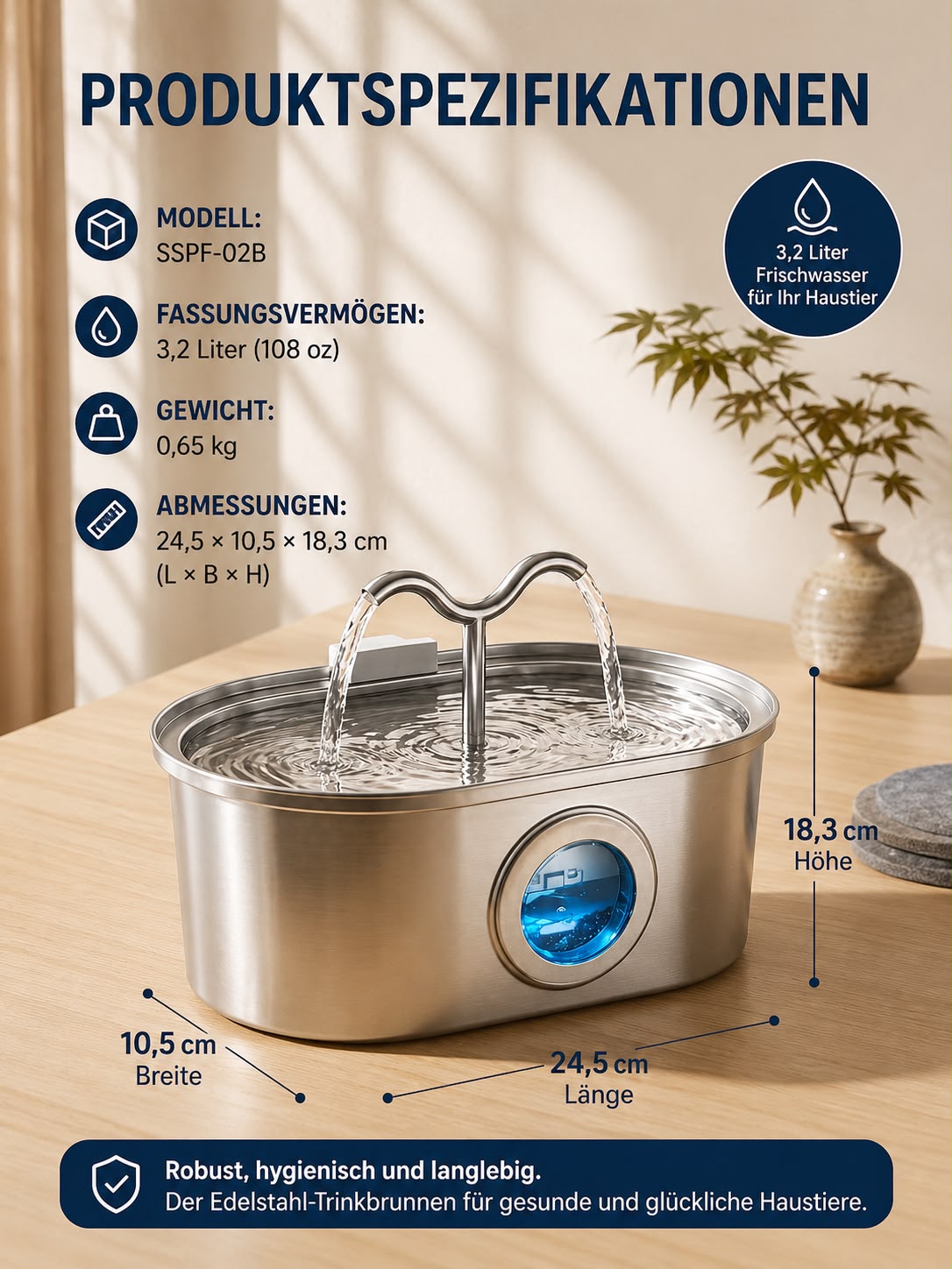 PawFlow™ Premium Edelstahl-Trinkbrunnen für Katzen & Hunde (3,2 L)