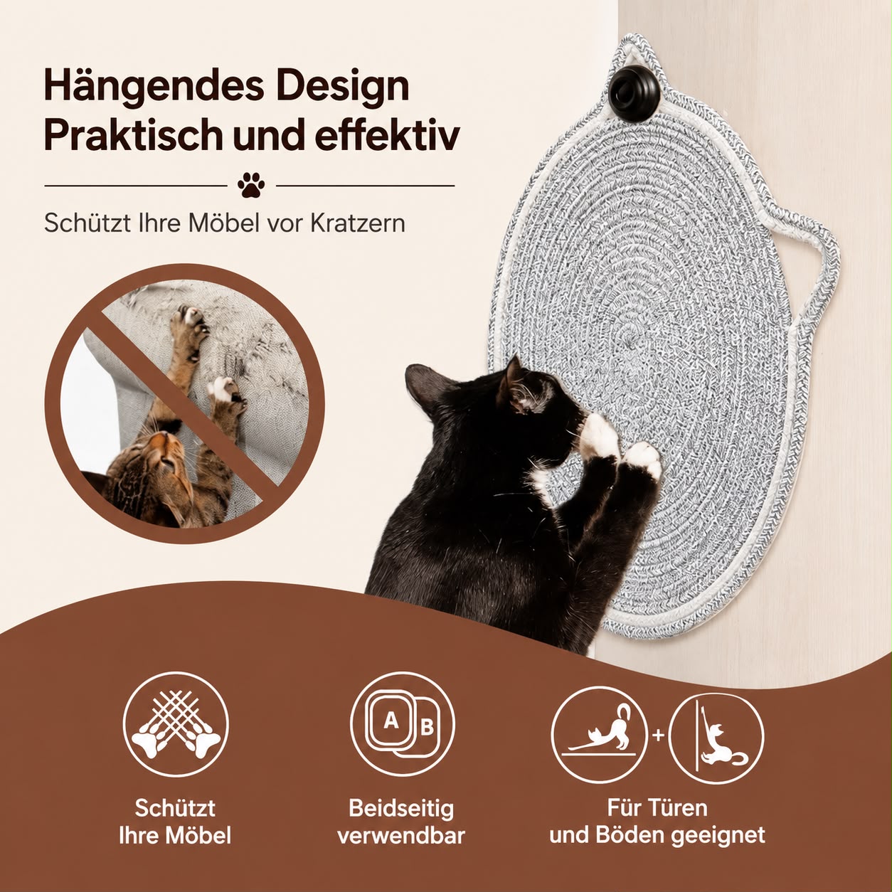 PawFlow Kratzmatte aus natürlichem Baumwollseil mit Spielball