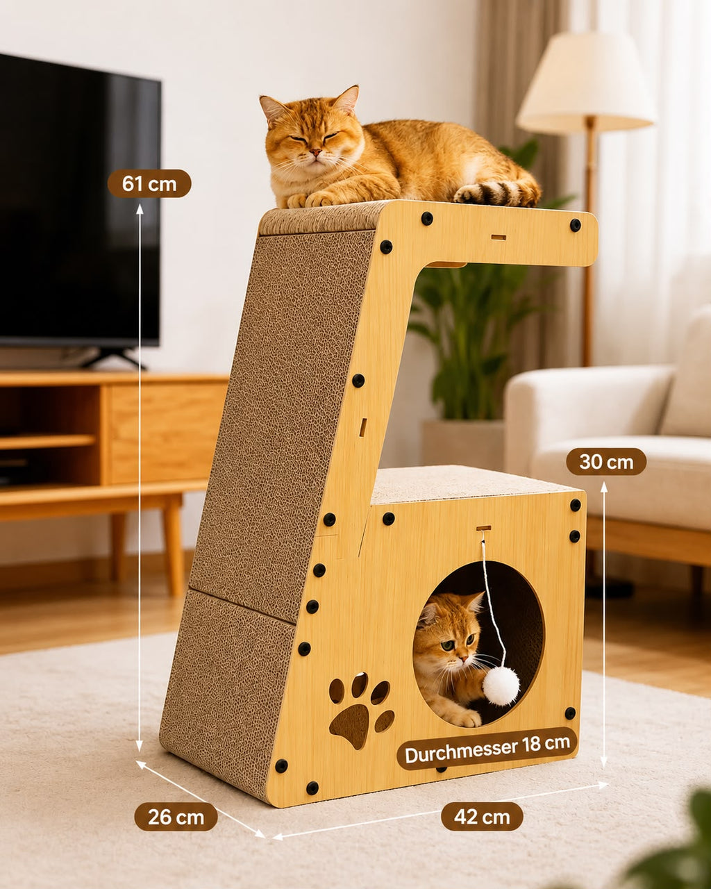 PawFlow 5-in-1 Katzen-Kratzmöbel mit Liegefläche, Tunnel und Kratzpappe