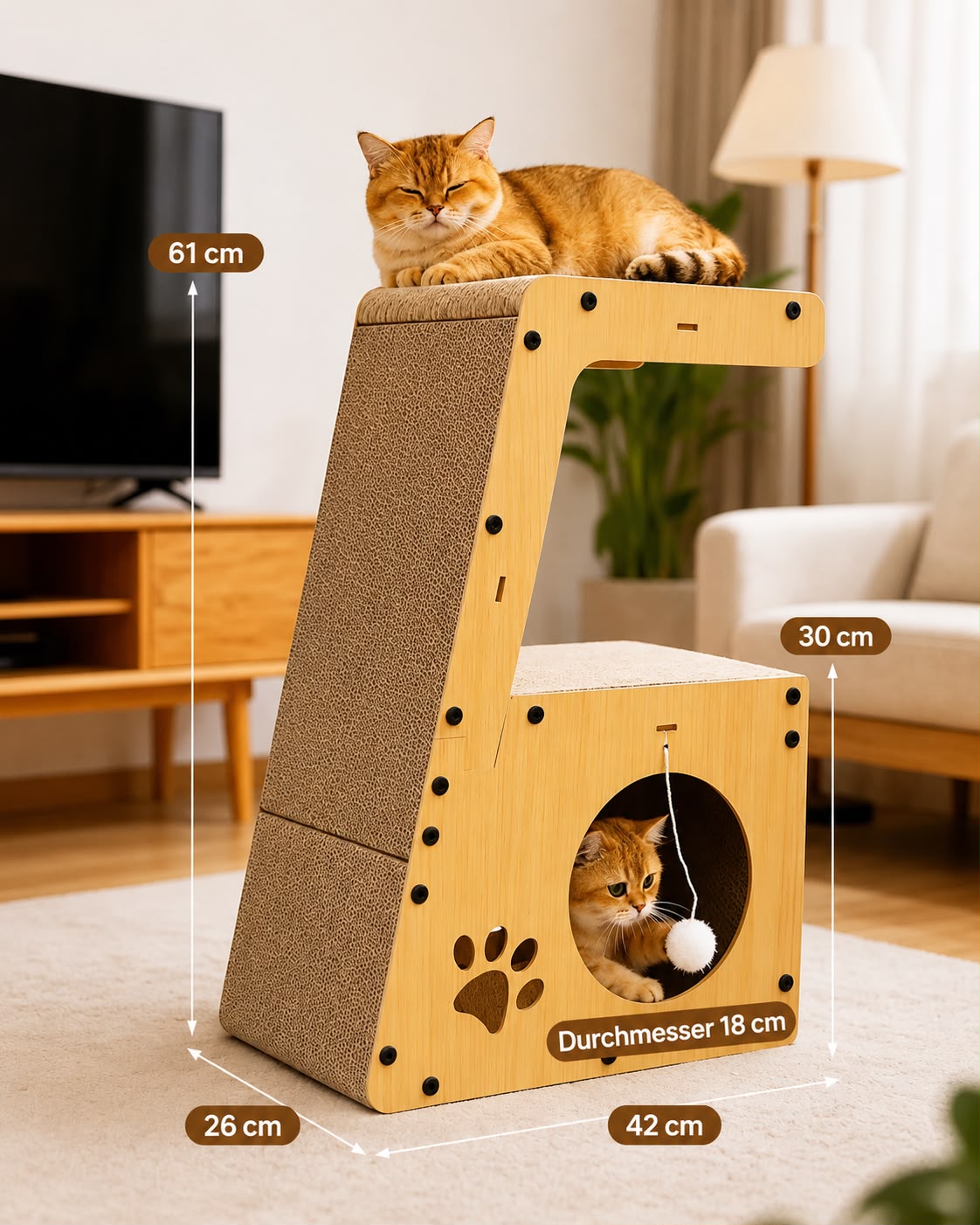 PawFlow 5-in-1 Katzen-Kratzmöbel mit Liegefläche, Tunnel und Kratzpappe