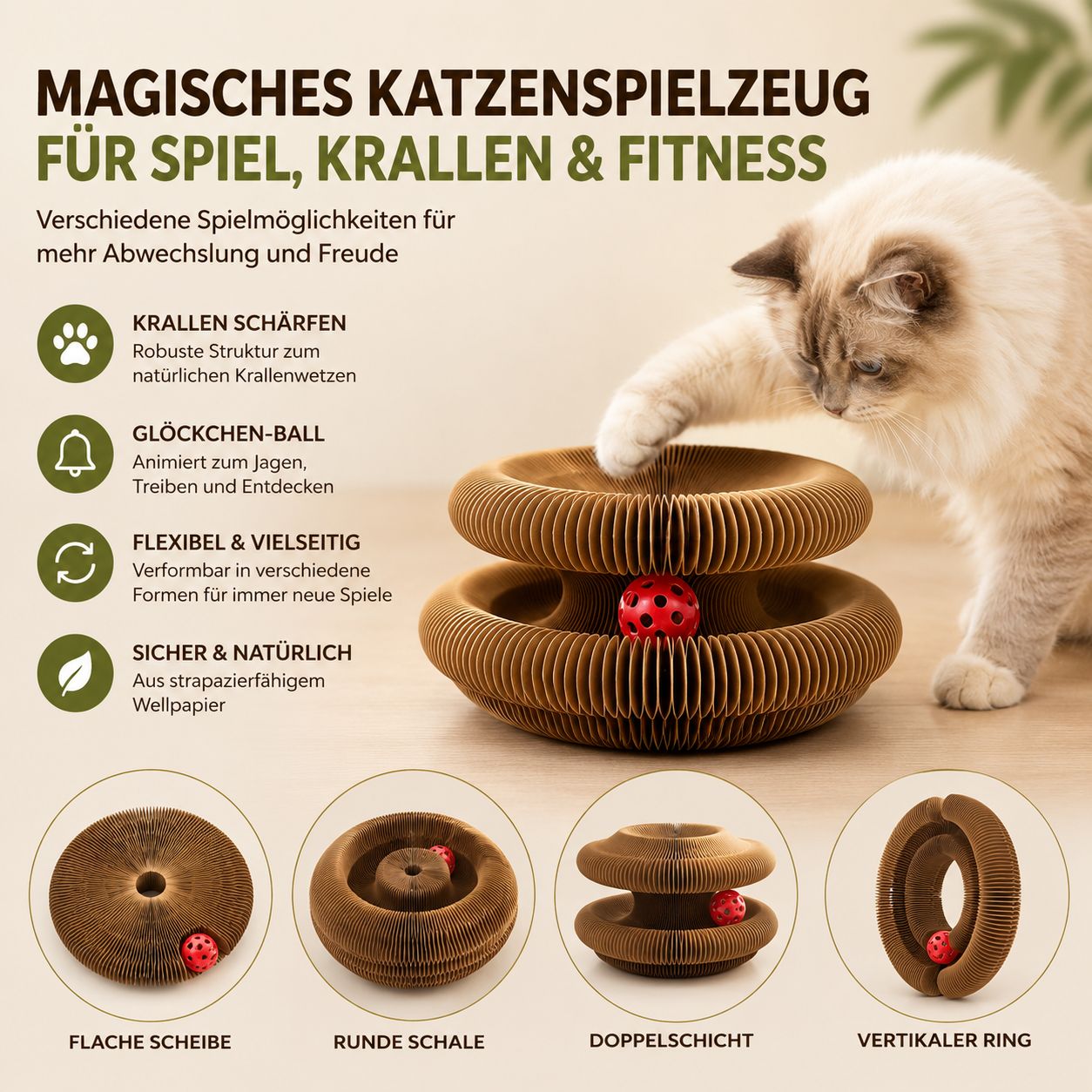 PawFlow Faltbares Katzen-Spielzeug mit Kratzfläche & Glöckchen – Spielen, Kratzen & Entdecken
