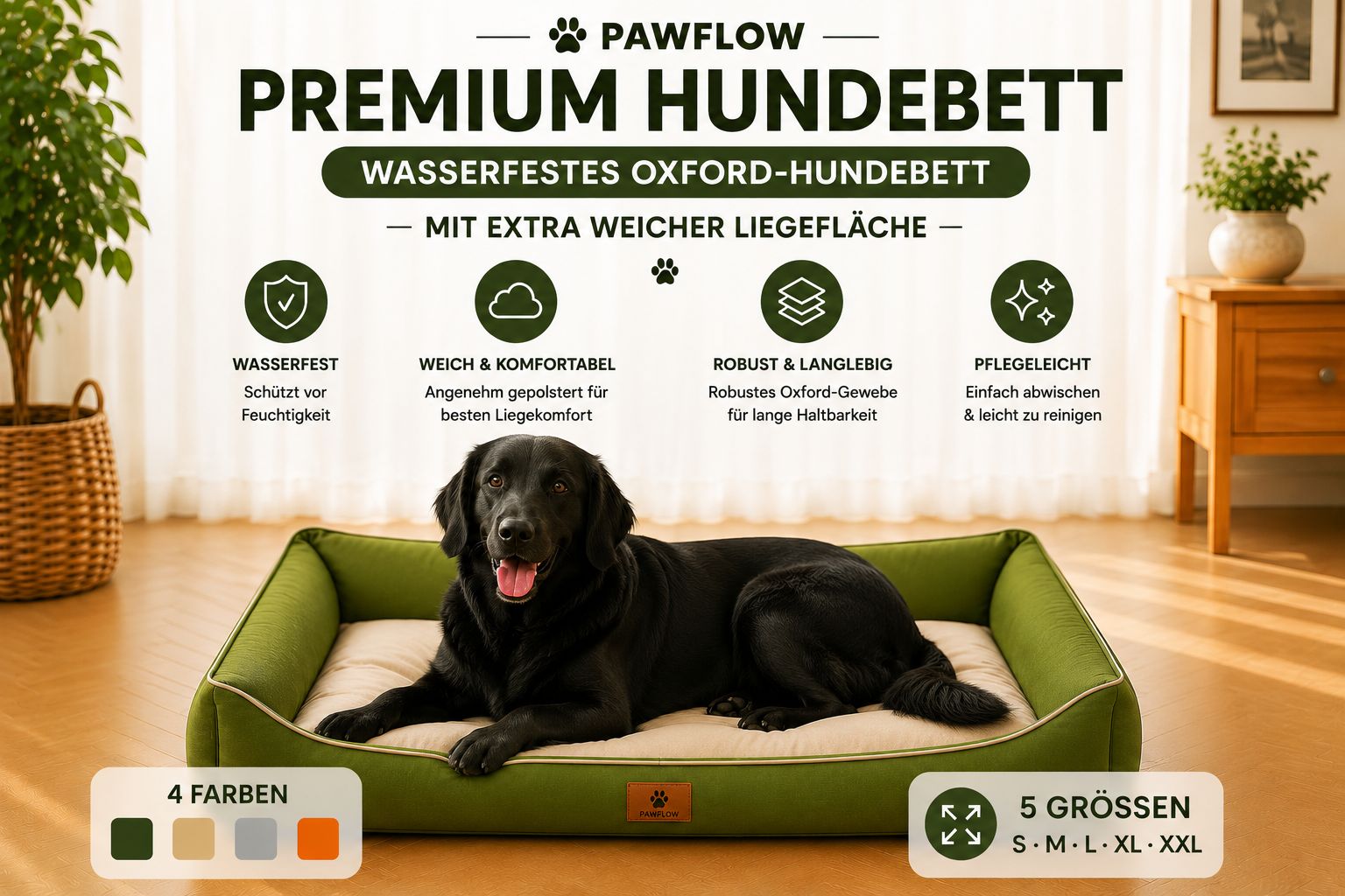 PawFlow Premium Hundebett – Wasserfestes Oxford-Hundebett mit weicher Liegefläche