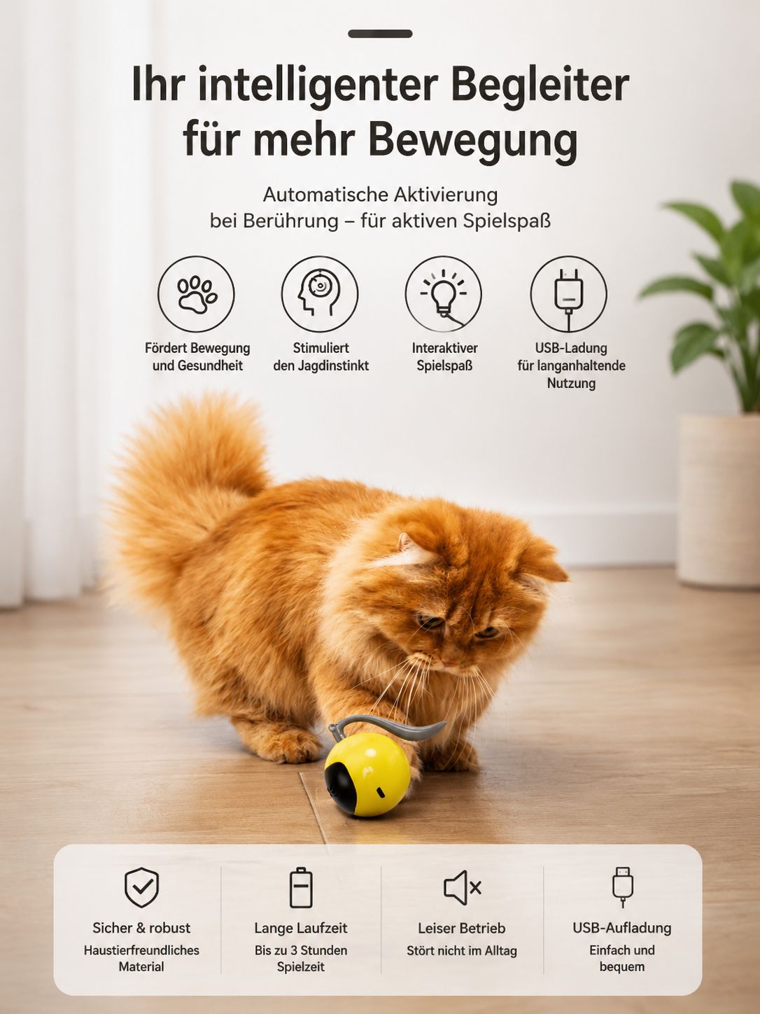 PawFlow Intelligenter LED-Katzenball – USB-aufladbar & Selbstfahrend