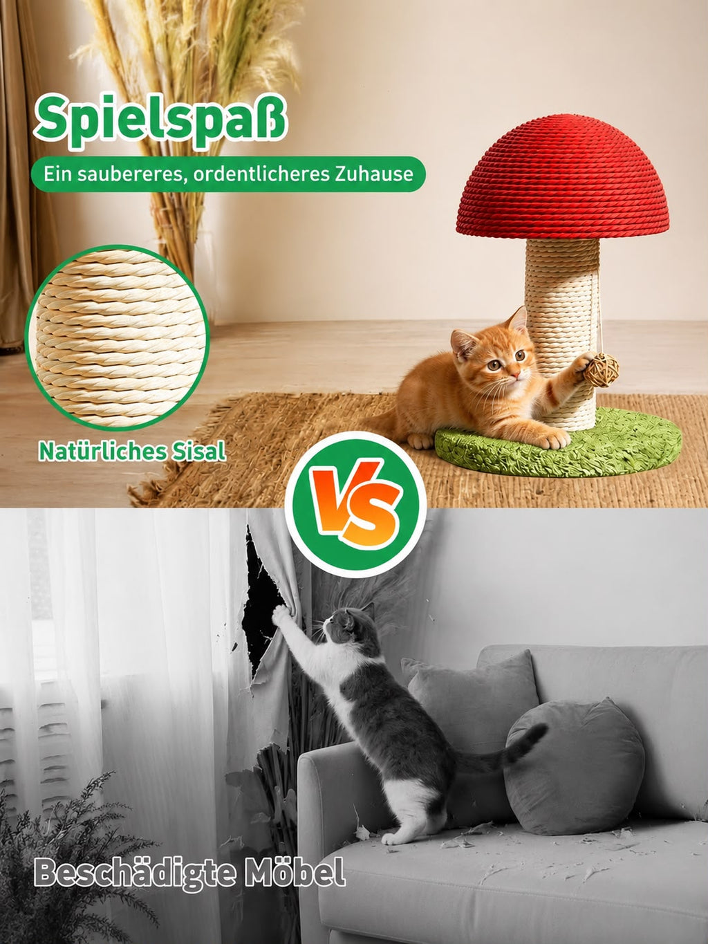 PawFlow Pilz-Kratzbaum mit Sisalstamm und Spielball