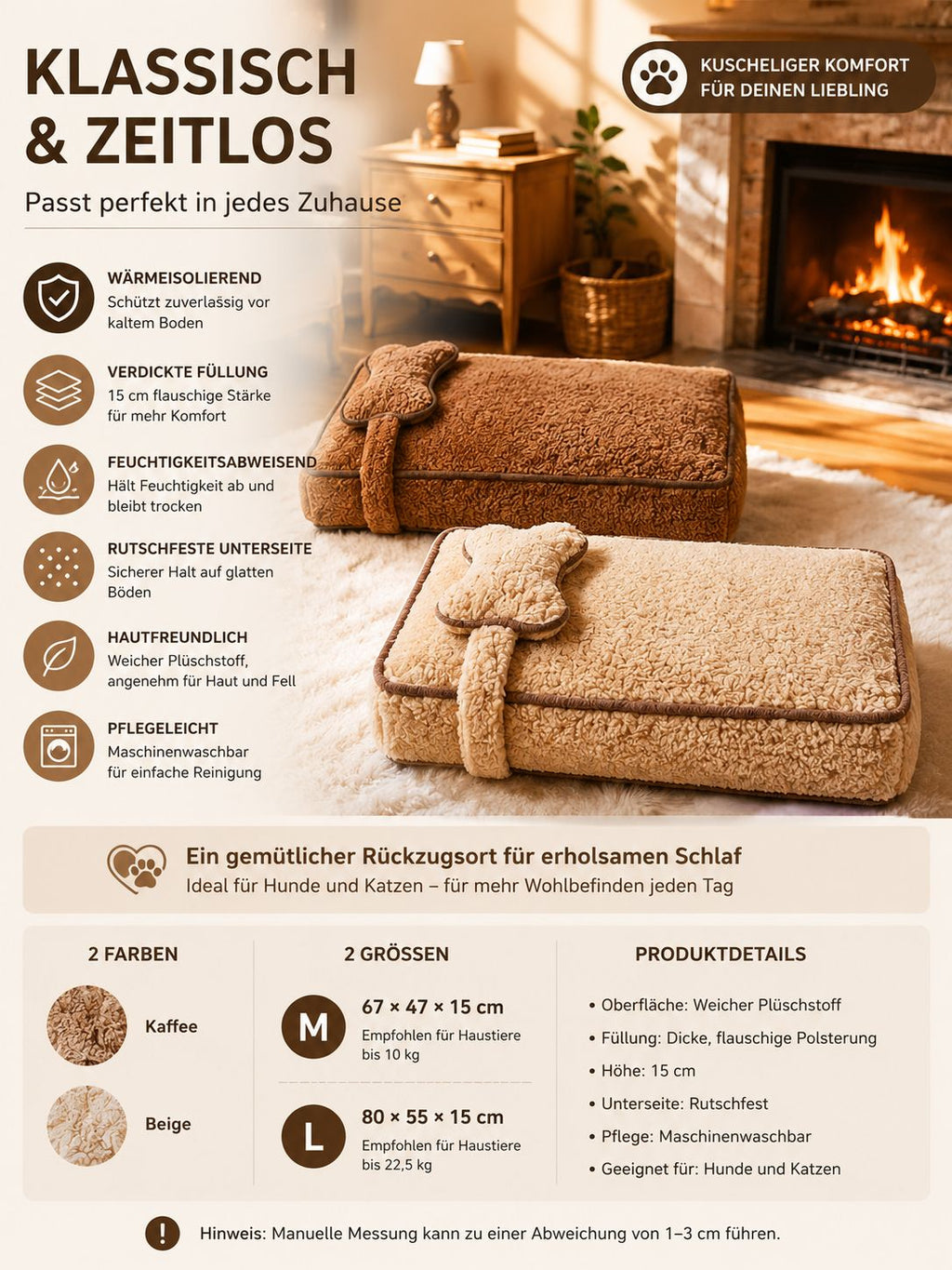 PawFlow Kuschelbett für Hunde & Katzen aus Plüsch mit Knochenkissen – Waschbar & besonders weich