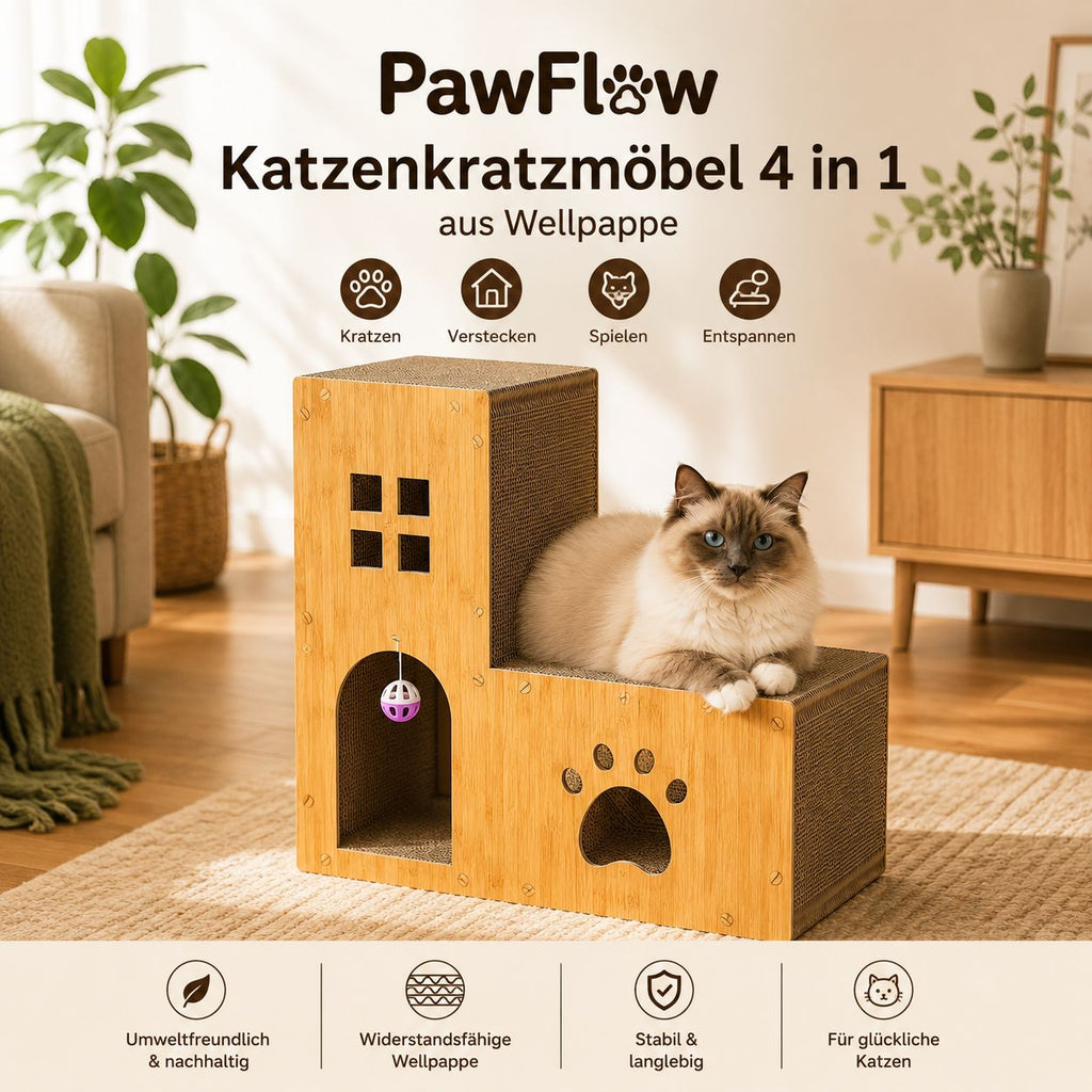 PawFlow Katzen-Kratzmöbel 4-in-1 aus Wellpappe – Kratzen, Spielen, Verstecken & Entspannen