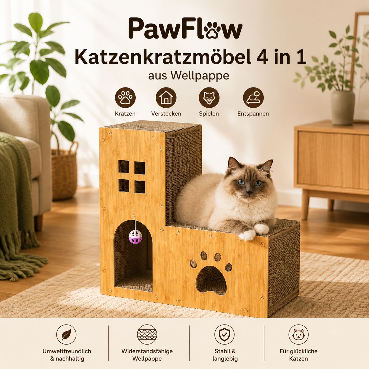 PawFlow Katzen-Kratzmöbel 4-in-1 aus Wellpappe – Kratzen, Spielen, Verstecken & Entspannen