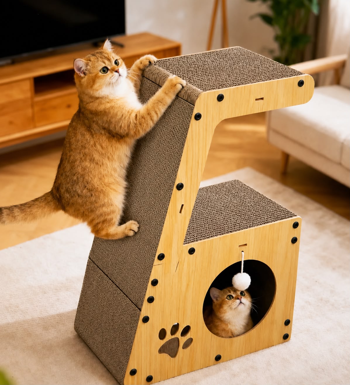 PawFlow 5-in-1 Katzen-Kratzmöbel mit Liegefläche, Tunnel und Kratzpappe