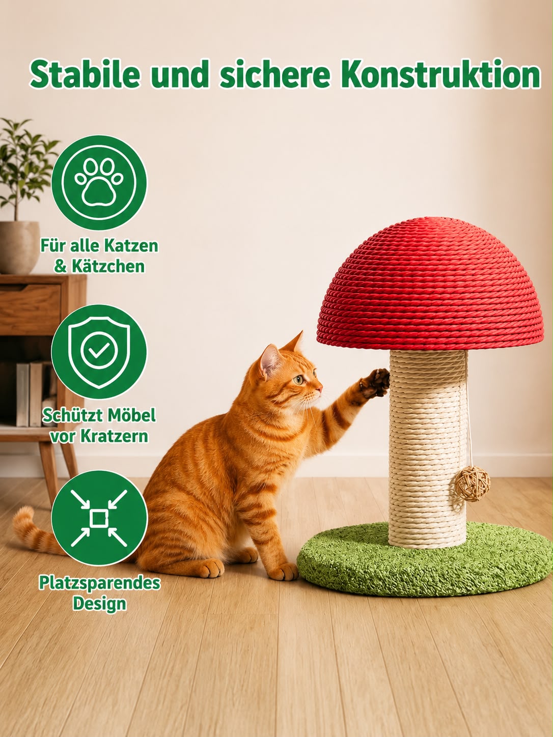 PawFlow Pilz-Kratzbaum mit Sisalstamm und Spielball