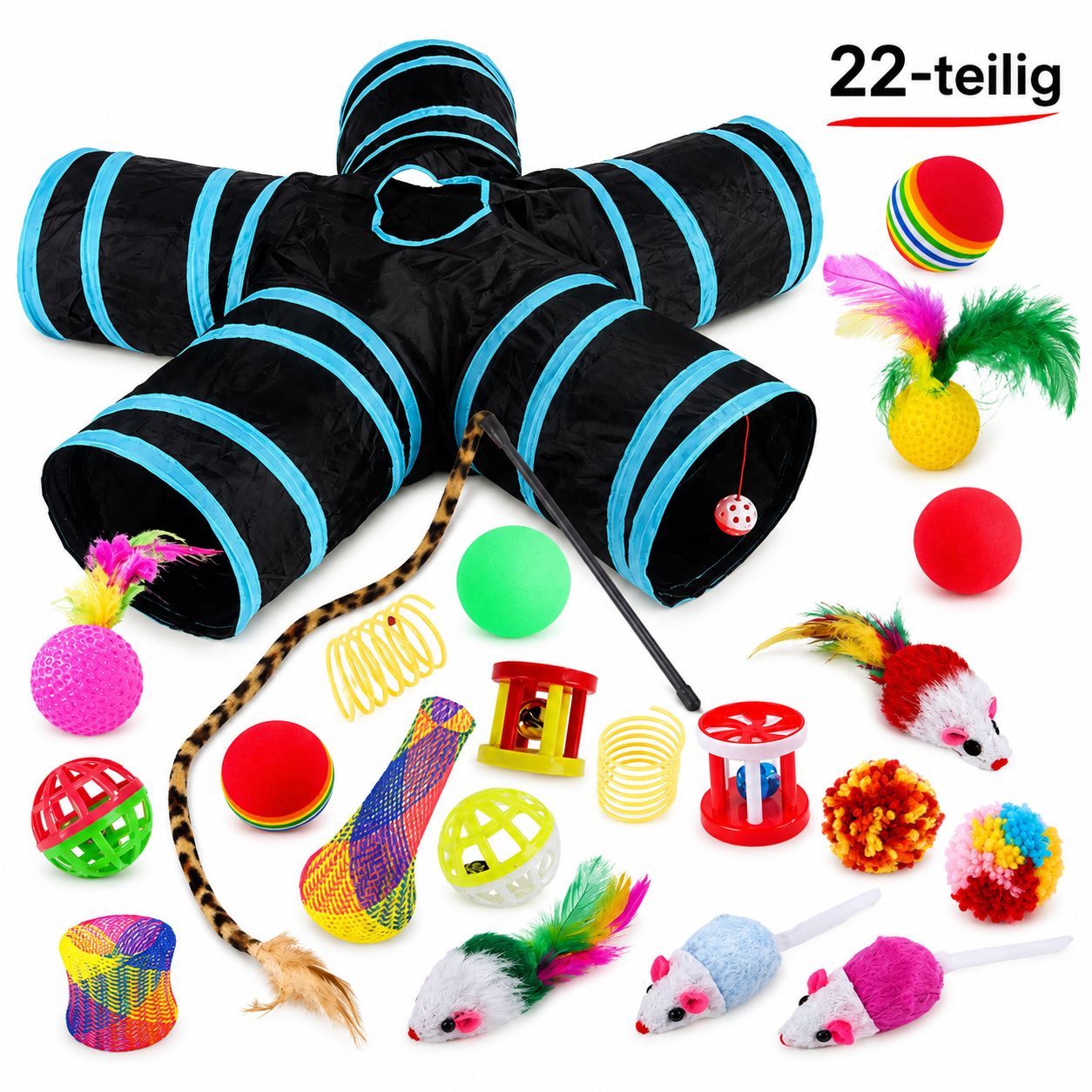 PawFlow 22-teiliges Katzen-Spielset mit Spieltunnel & Zubehör