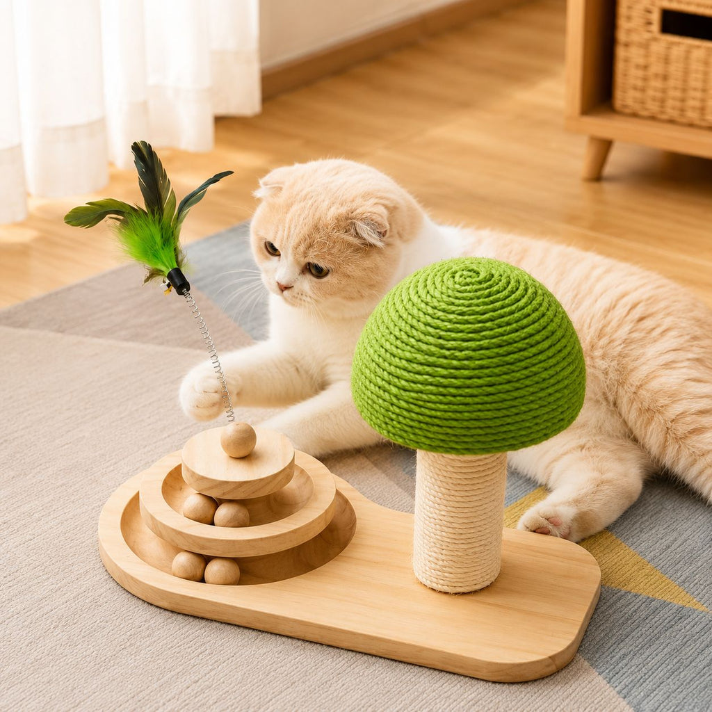 PawFlow 3-in-1 Katzen-Spielstation mit Sisal-Kratzbaum, Holzspielbahn & Federwedel – Spielen, Kratzen & Entdecken