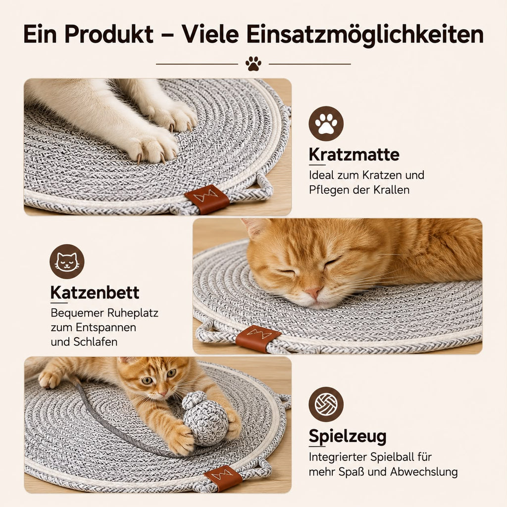 PawFlow Kratzmatte aus natürlichem Baumwollseil mit Spielball