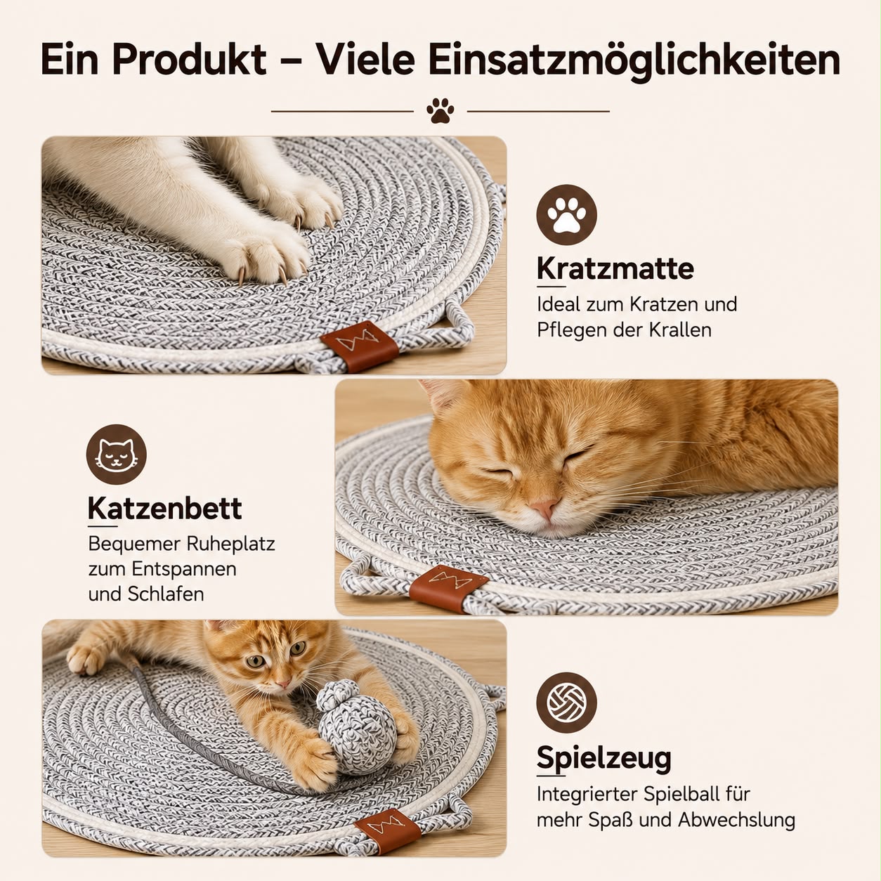 PawFlow Kratzmatte aus natürlichem Baumwollseil mit Spielball