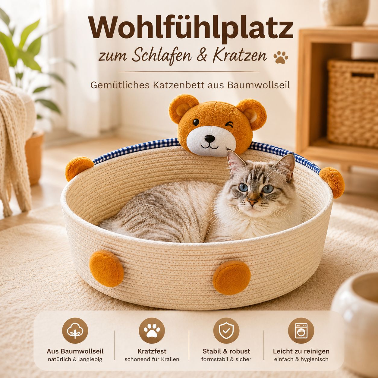 PawFlow Baumwollseil-Katzenbett mit Kratzfläche – Schlafen, Kratzen & Wohlfühlen