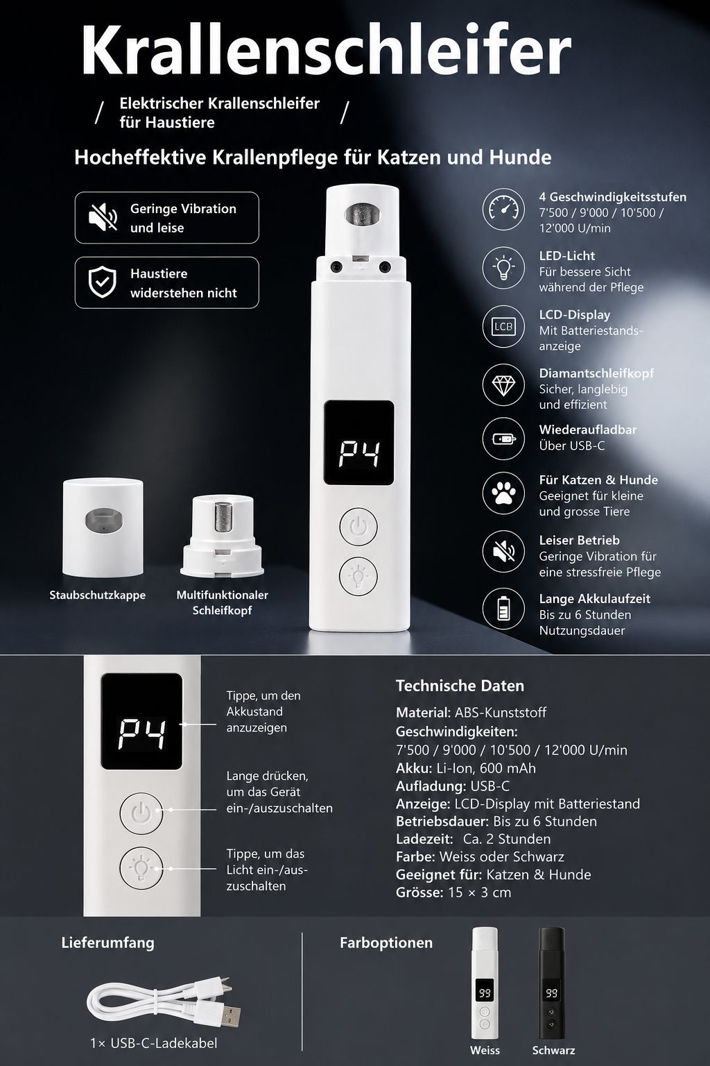 PawFlow Krallenschleifer Pro für Hunde & Katzen – Leise, USB-C & LED-Licht
