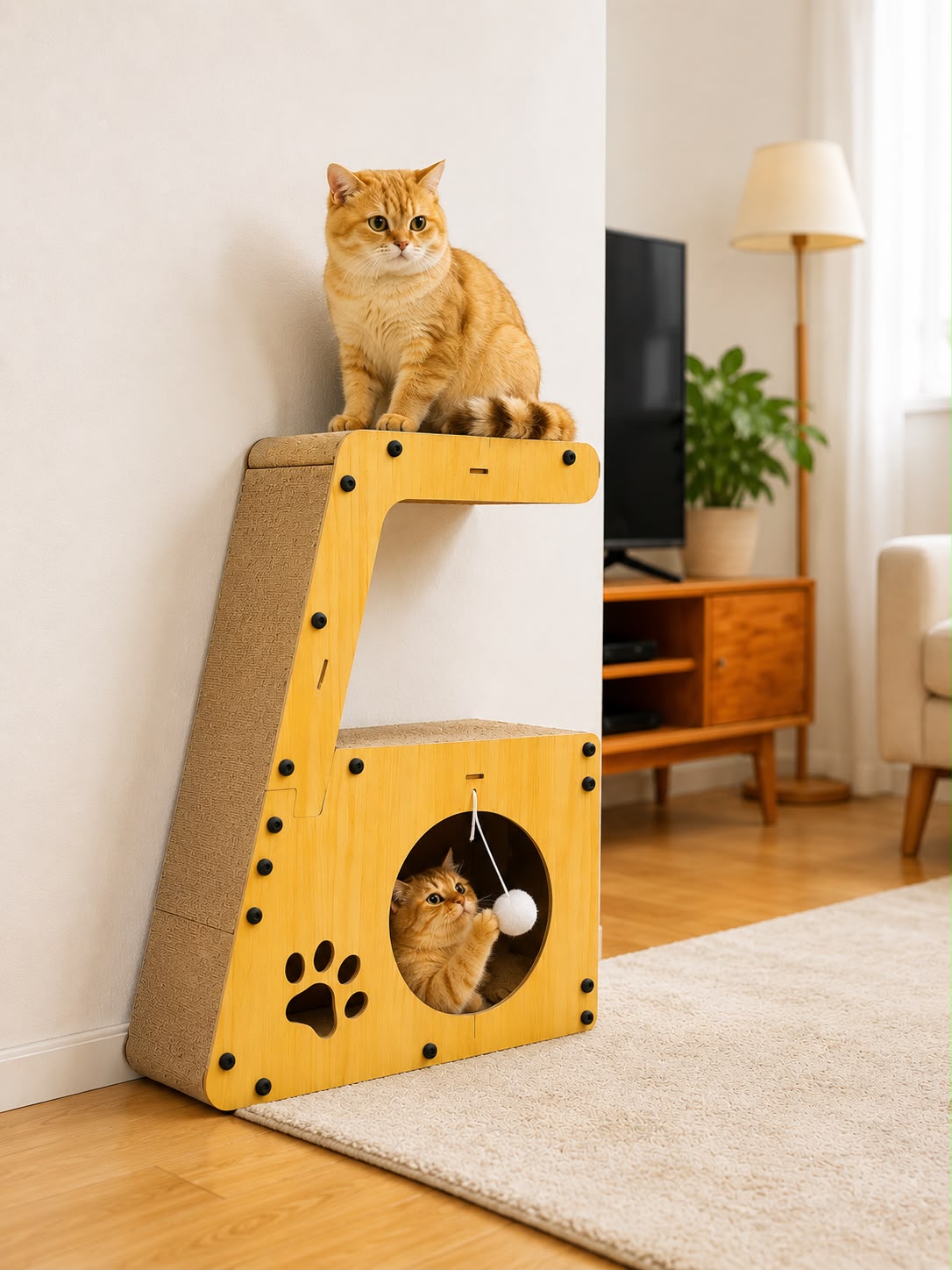 PawFlow 5-in-1 Katzen-Kratzmöbel mit Liegefläche, Tunnel und Kratzpappe