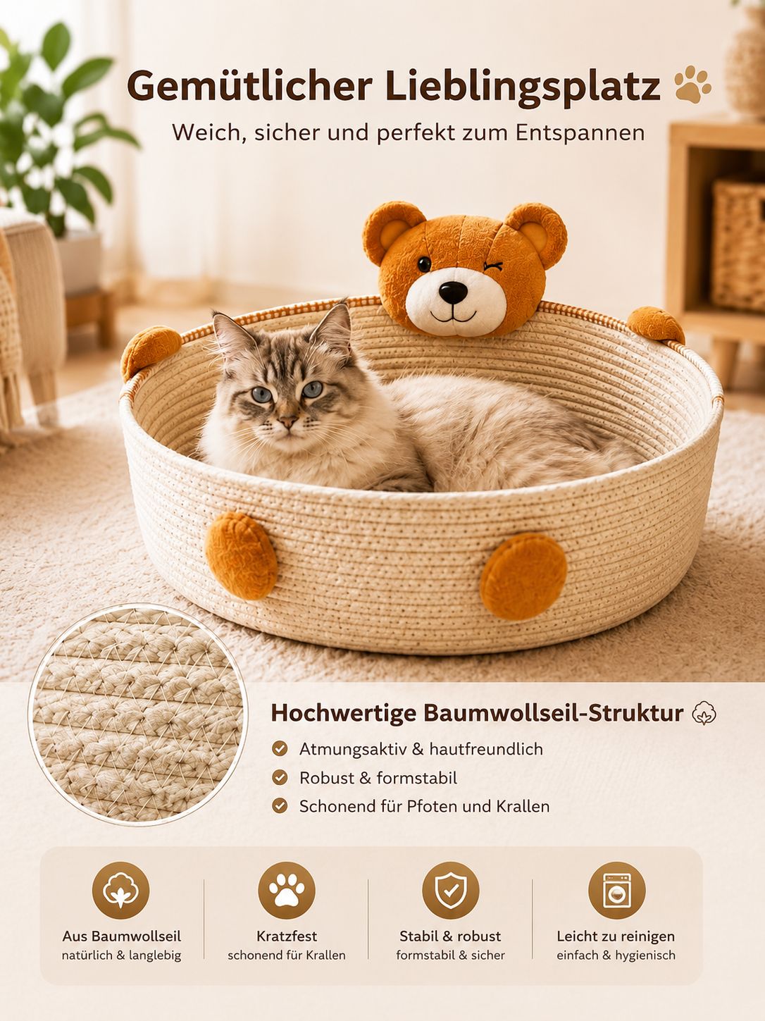 PawFlow Baumwollseil-Katzenbett mit Kratzfläche – Schlafen, Kratzen & Wohlfühlen