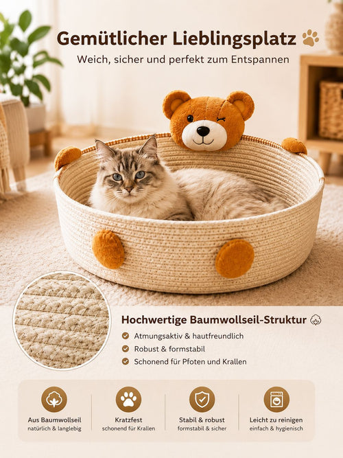 PawFlow Baumwollseil-Katzenbett mit Kratzfläche – Schlafen, Kratzen & Wohlfühlen