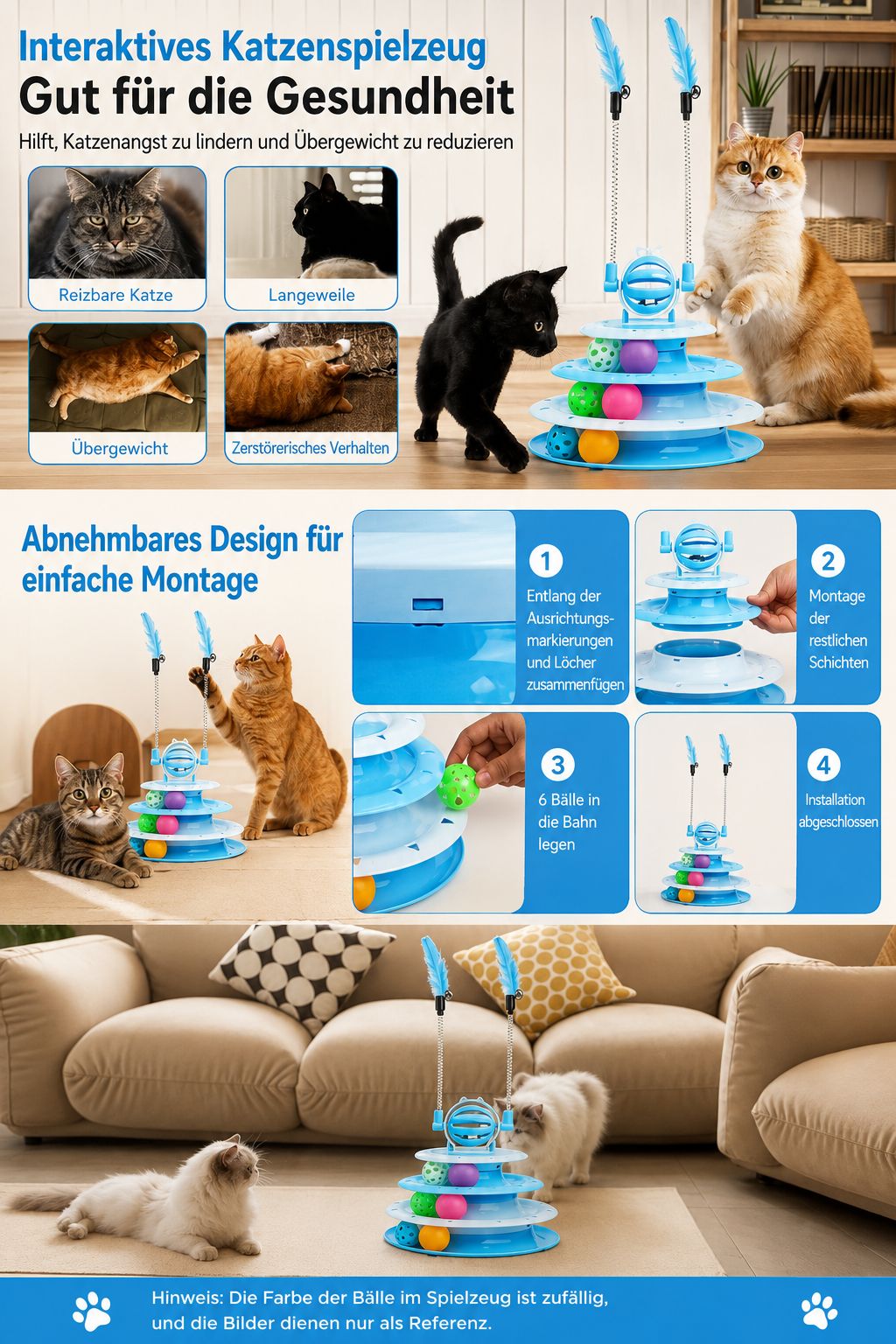 PawFlow Interaktiver Katzen-Spielturm mit Bällen & Federstäben – Spielen, Jagen & Entdecken