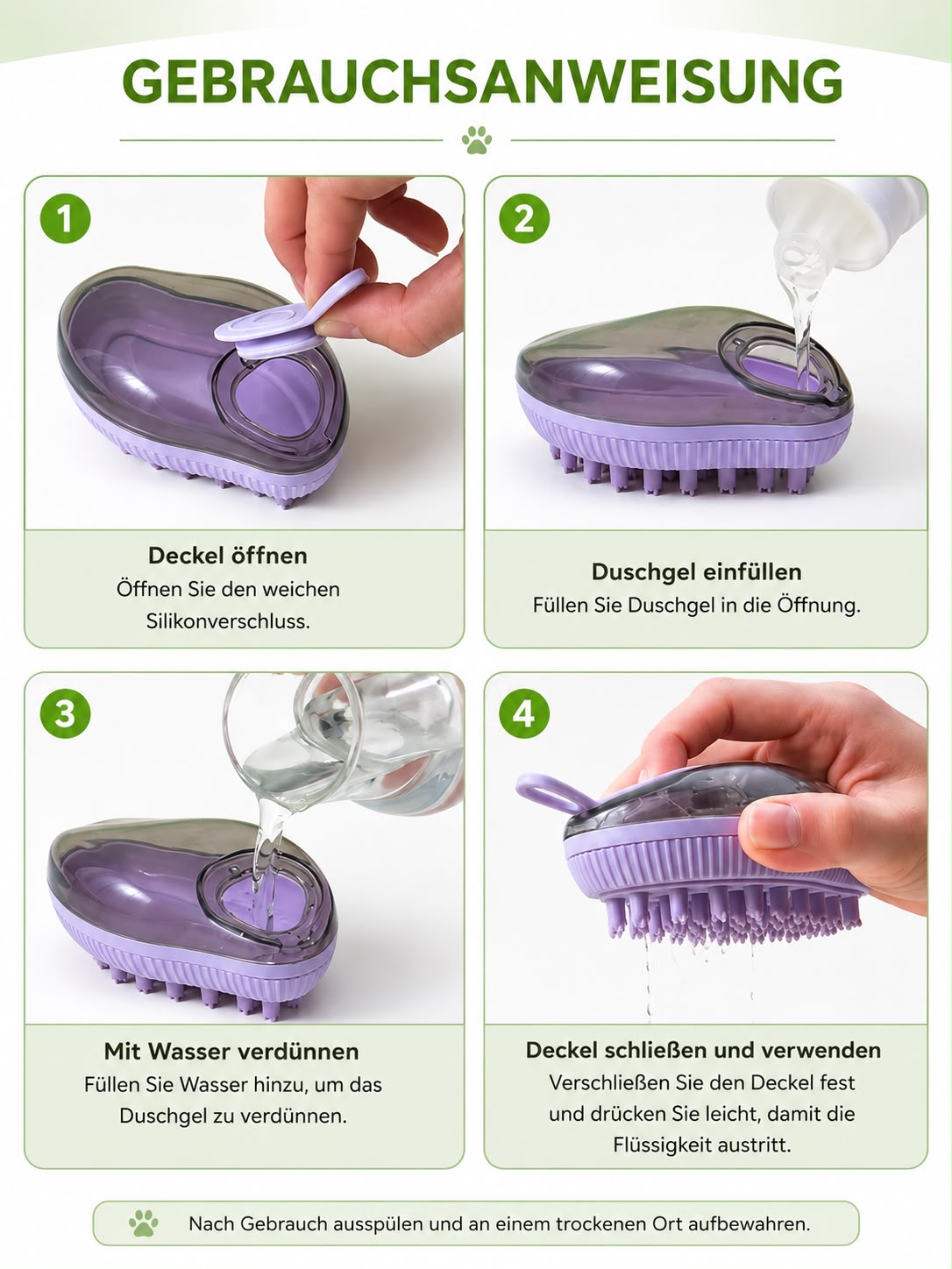 PawFlow Silikon-Fellpflegebürste mit Shampoo-Spender für Hunde & Katzen