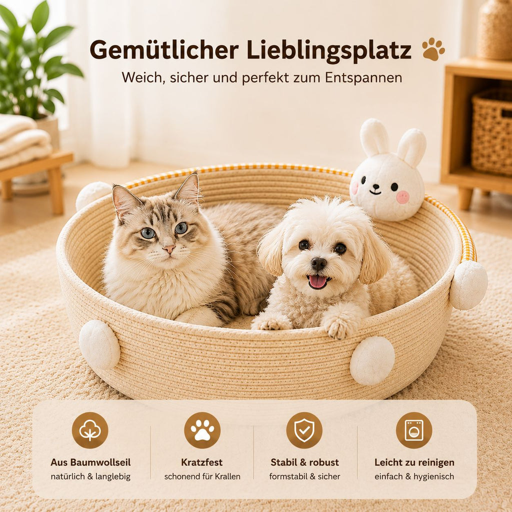 PawFlow Baumwollseil-Katzenbett mit Kratzfläche – Schlafen, Kratzen & Wohlfühlen