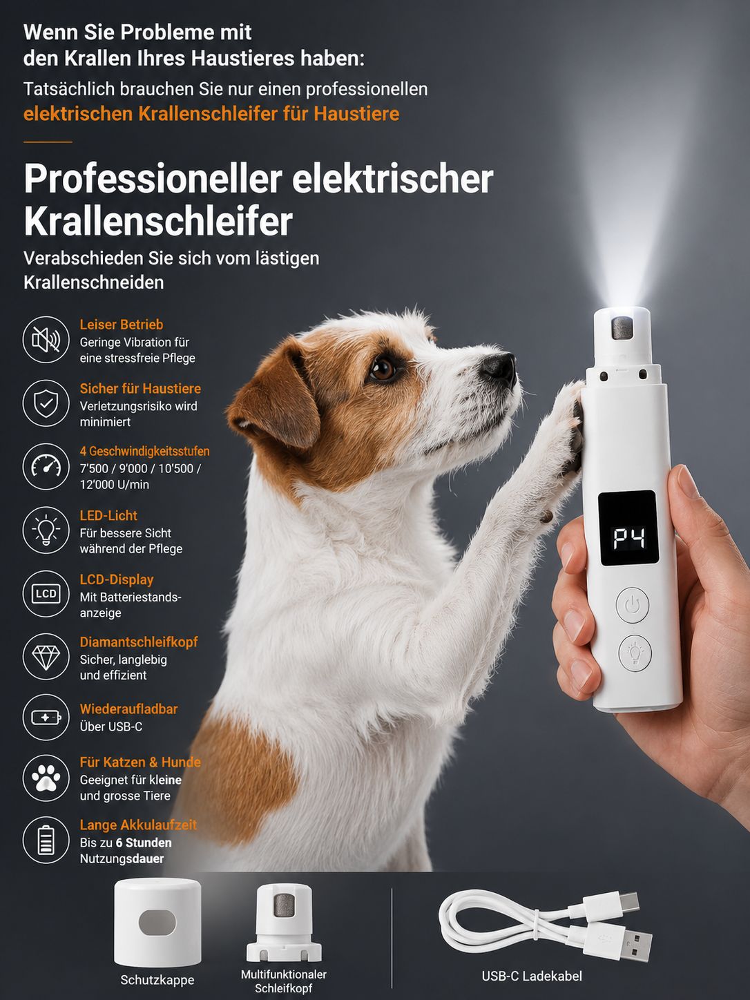 PawFlow Krallenschleifer Pro für Hunde & Katzen – Leise, USB-C & LED-Licht
